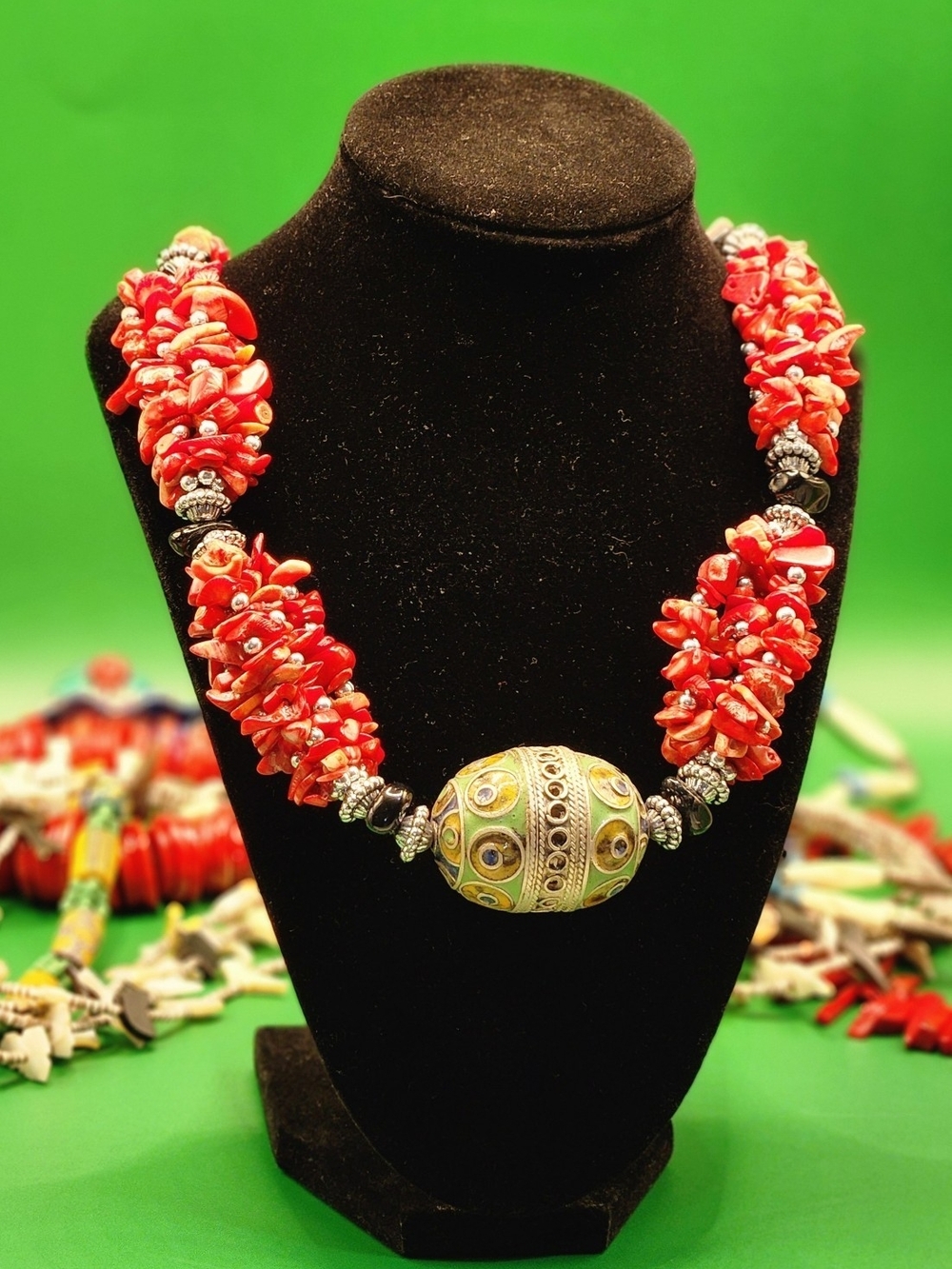 Handcrafted Red Coral Cluster Necklace with Decorative Center Bead